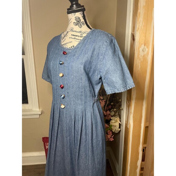Alexandra Lee Denim Vintage Dress Rosette Embellished Pleated Barn Style - Picture 6 of 10